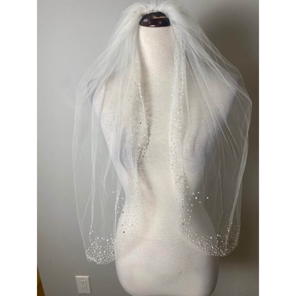 White Tulle Bridal Veil Elbow Length Pearl and Crystal Beaded Edge with Comb